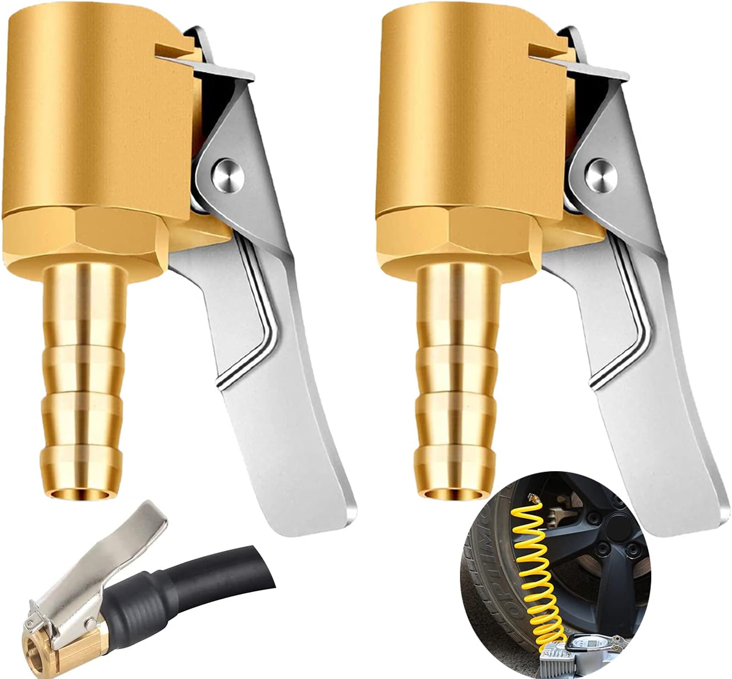 Suvnie 2PCS Tire Air Chuck with Clip Adapter, Brass Locking