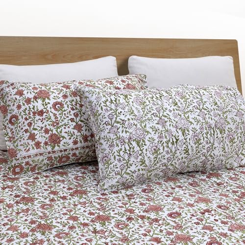 Image of TOAI Hand Block Printed Bedsheet | Bed Spread Flatsheet Bed Sheet | Pure Cotton | Queen Size 90 inchx108 inch | 210 TC Luxury Cotton | 2 Reversible Pillow Covers |Rust Flower Spread