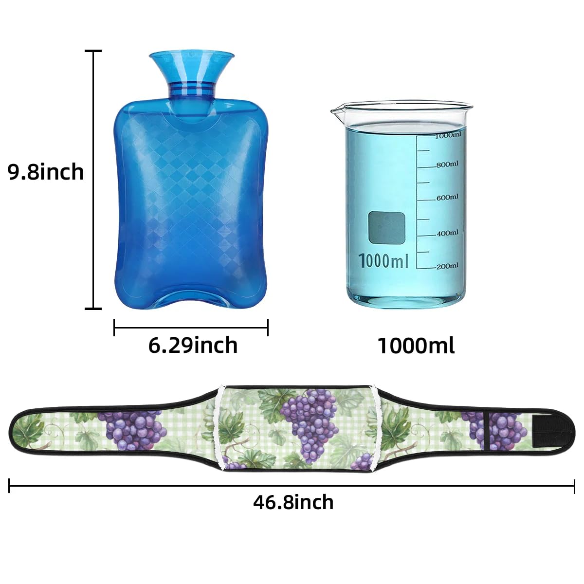 Hot Water Bag with Waist Cover Grapes Leaves Square Warm Hot Water Bottle Belt Plush Double Hand Insert Wearable Water Bag Detachable Hot Bottle Pouch for Neck Shoulder Pain Relief
