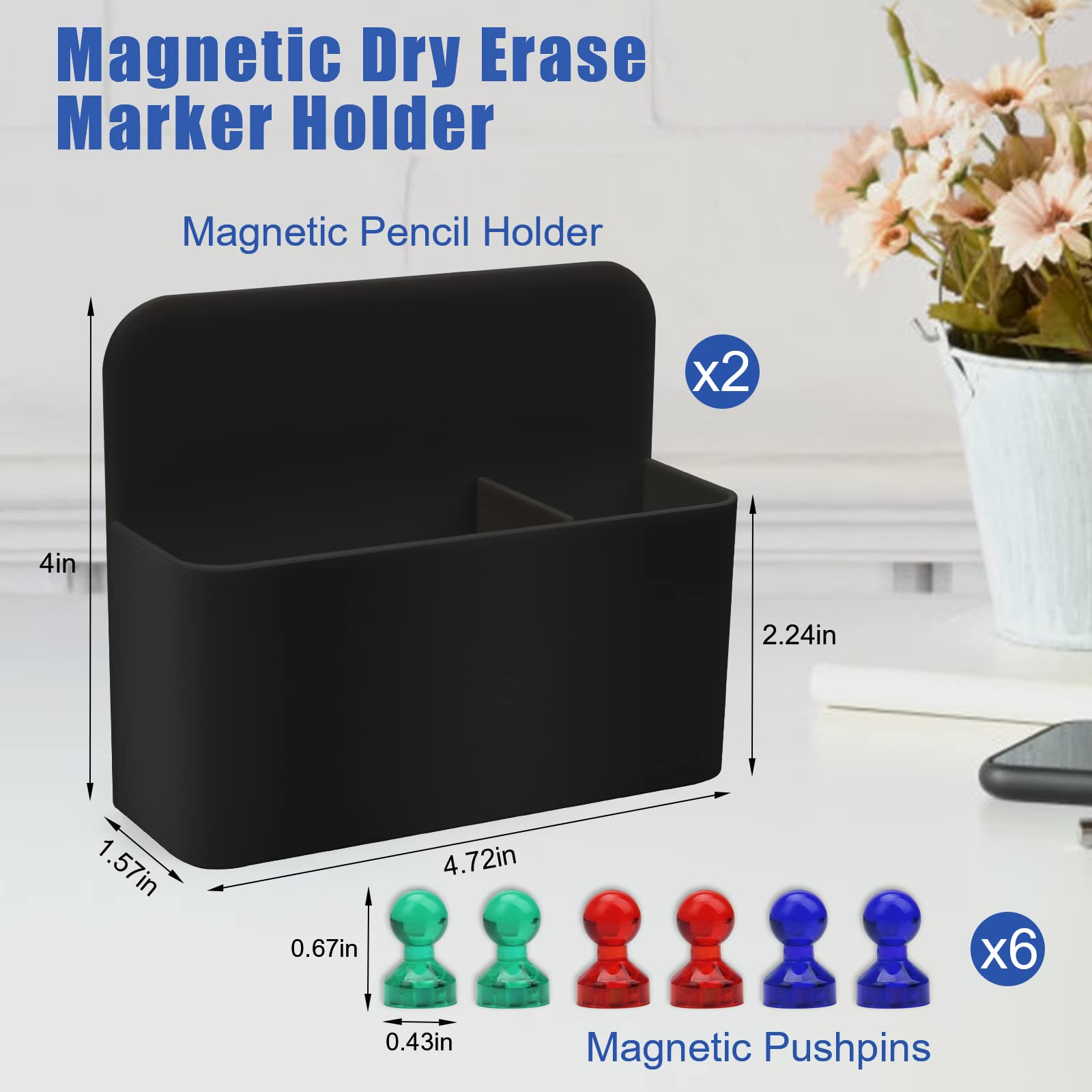 Catcan 2-Pack Magnetic Dry Erase Marker Holder | Strong Magnet Pen Organizer With 6 Push Pins | For Whiteboard, Fridge, Office & Home