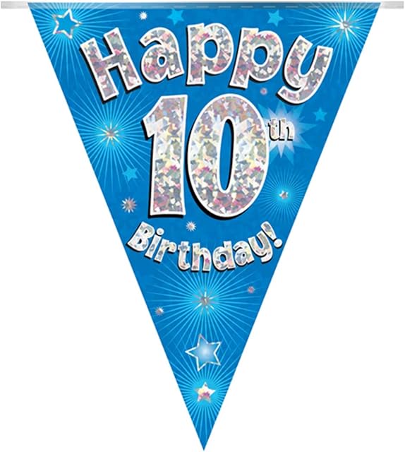 Party Bunting Happy 10th Birthday Blue Holographic 11 flags 3.9m