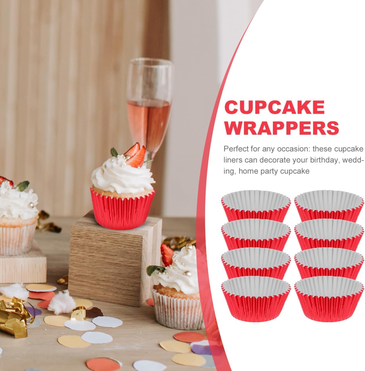 100Pcs Standard Red Cupcake Liners Muffin Baking Cups Food Grade Greaseproof Wrappers for Party Birthday Wedding Decoration Thicken 2.8X1.2In