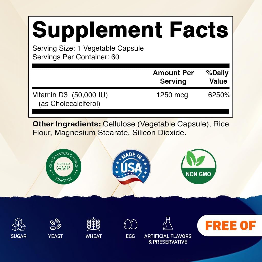 Vitamatic 3 Pack Vitamin D3 50,000 IU (as Cholecalciferol), Once Weekly Dose, 1250 mcg, 60 Veggie Capsules 1 Year Supply, Progressive Formula Helping Vitamin D Deficiencies