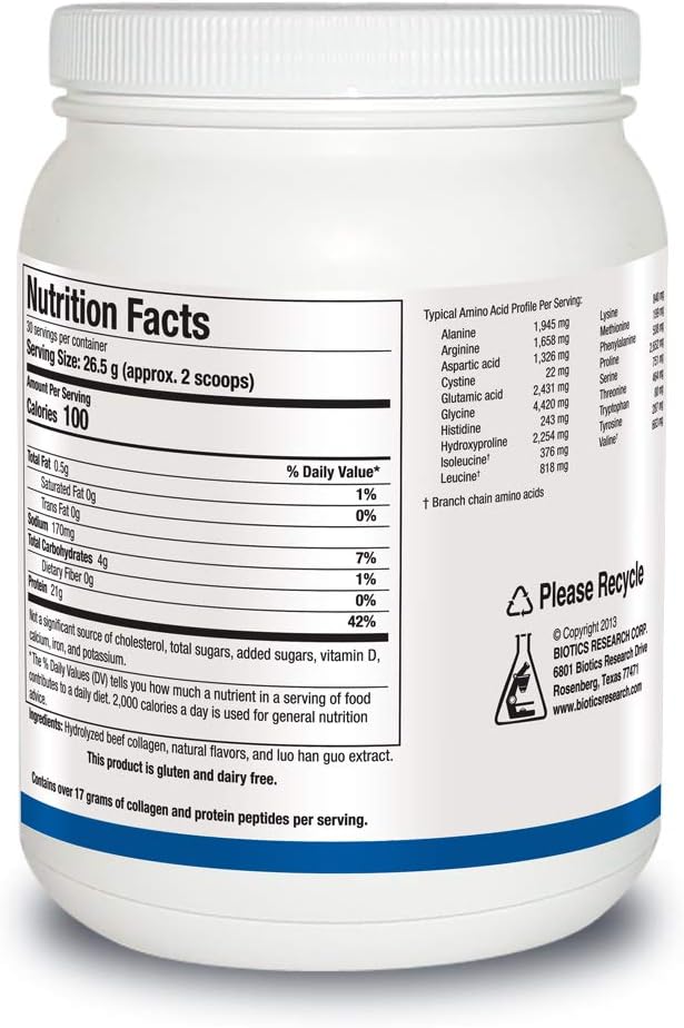 Biotics Reseach HYDROLYZED Collagen Protein Vanilla CRÈME Dairy-Free Collagen Protein Powder from Bone Broth, 21g Protein, Non-GMO, Gluten Free, Easily Digested, Delicious Vanilla Crème Flavor. 28 oz