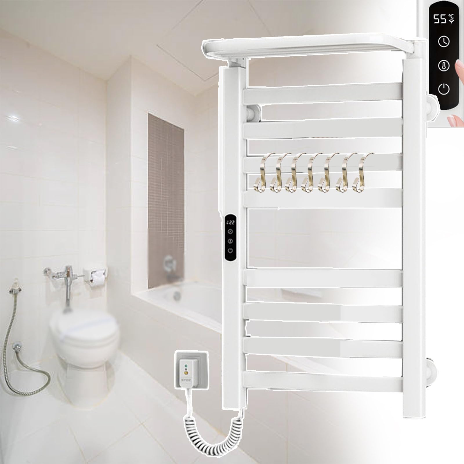 Toallero eléctrico de 8 barras con estante y temporizador de pared para baño