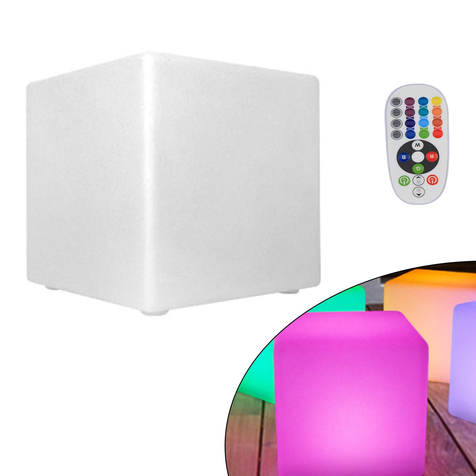 Taboret kwadratowy LED, 30 x 30 x 30 cm, kostka świetlna, zewnętrzna, wodoszczelny, z pilotem zdalnego sterowania, 7 ściemnianych kolorów, zmiana kolorów RGB, nastrojowe światło, stołek do ogrodu, na