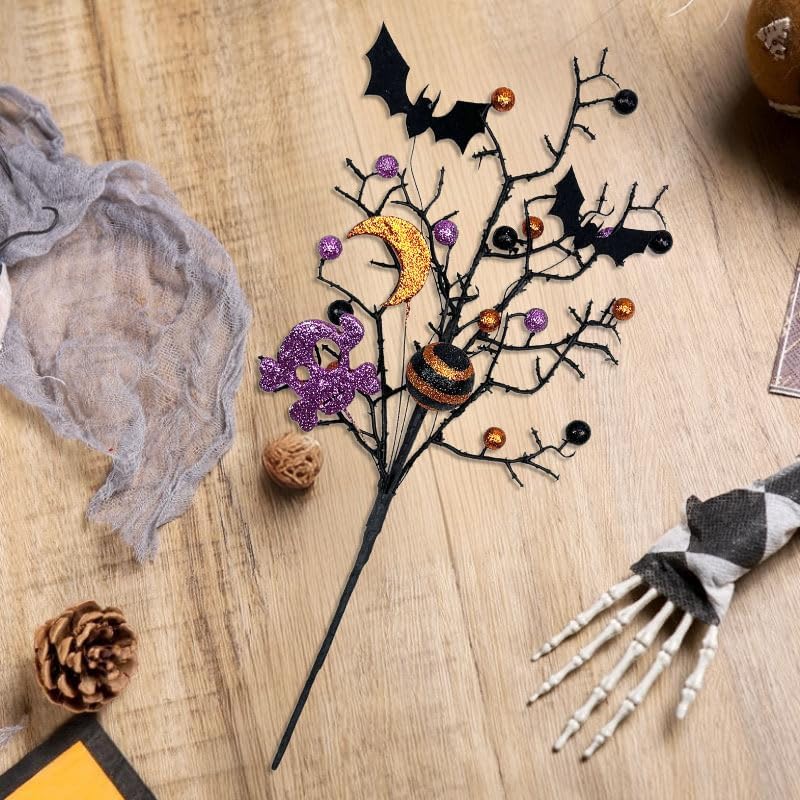 3 Pack Artificial Halloween Floral Picks Purple Orange Black Berry Stems Halloween Tree Branches with Glitter Ball for Halloween Party Flower Arrangement Centerpieces (Black) - Image 2