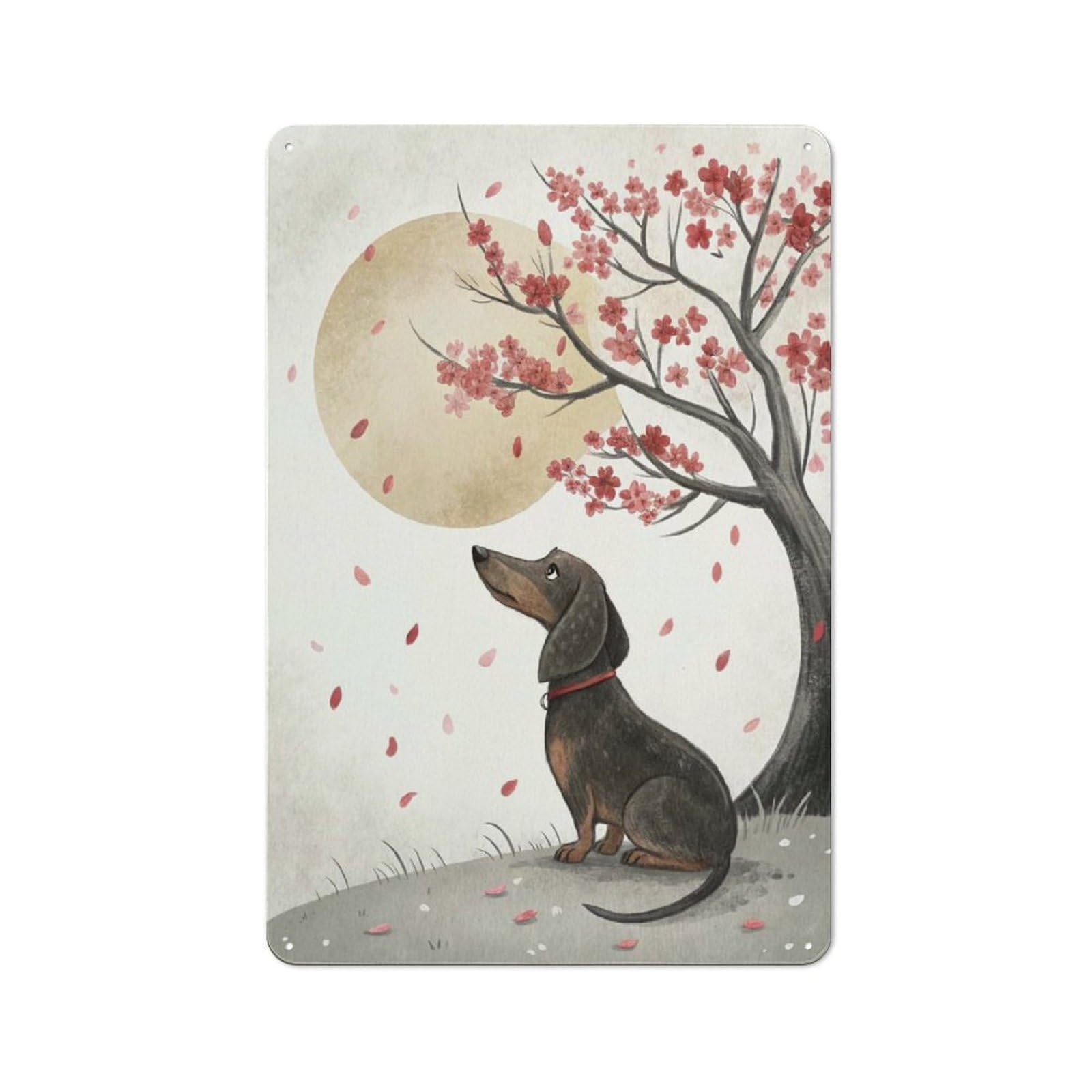 Junmoney Style-3 Workshop Style Garage Metal Sign 30X20cm Featuring Dachshund Under Cherry Blossoms, Industrial Wall Art For Workshop, Basement, Shed Or Games Room
