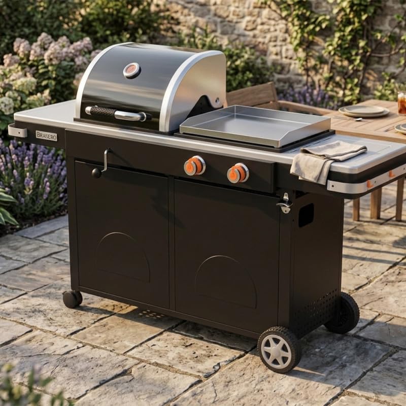 BRASERO BY FAVEX – Bi‑Energy L – Plancha gaz et barbecue charbon – 2 x 3,6 kW – plaque inox 49 x 42 cm – grille 48 x 42 cm – réglage charbon par manivelle – 10 à 12 convives