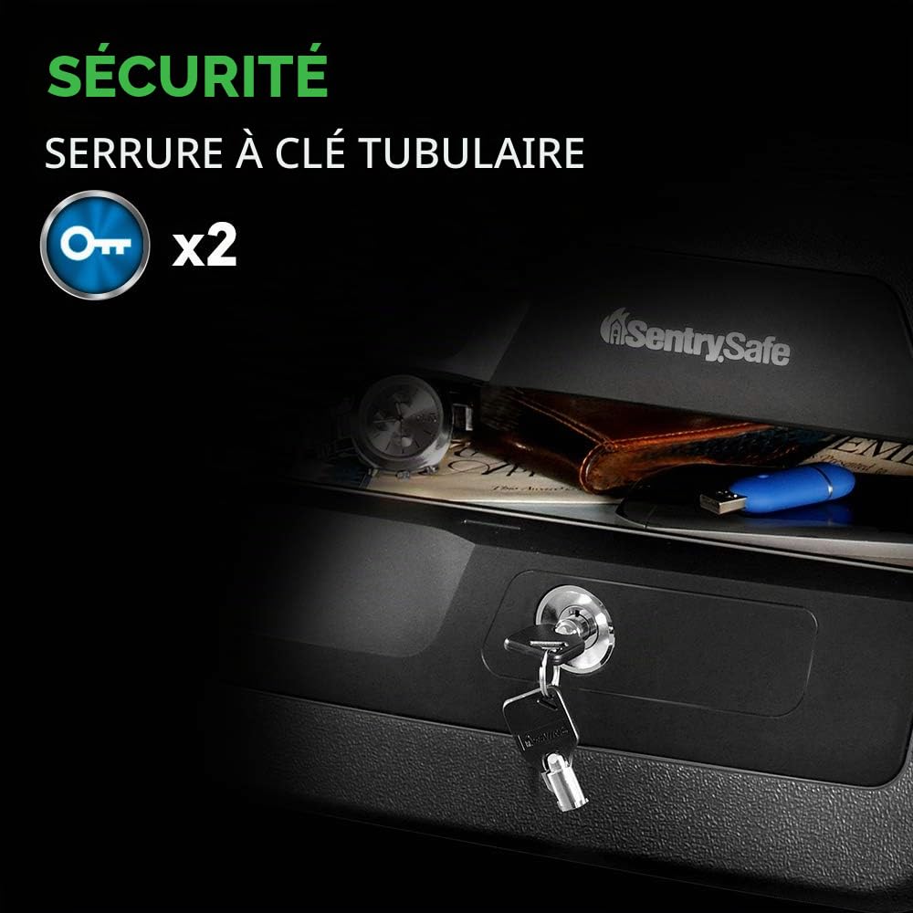 Sentry Safe Coffre-Fort Ignifuge et étanche avec Serrure à clé, Coffre-Fort pour Objets de Valeur, Gris et Noir, 0,36 m³, 20 x 40 x 38 cm