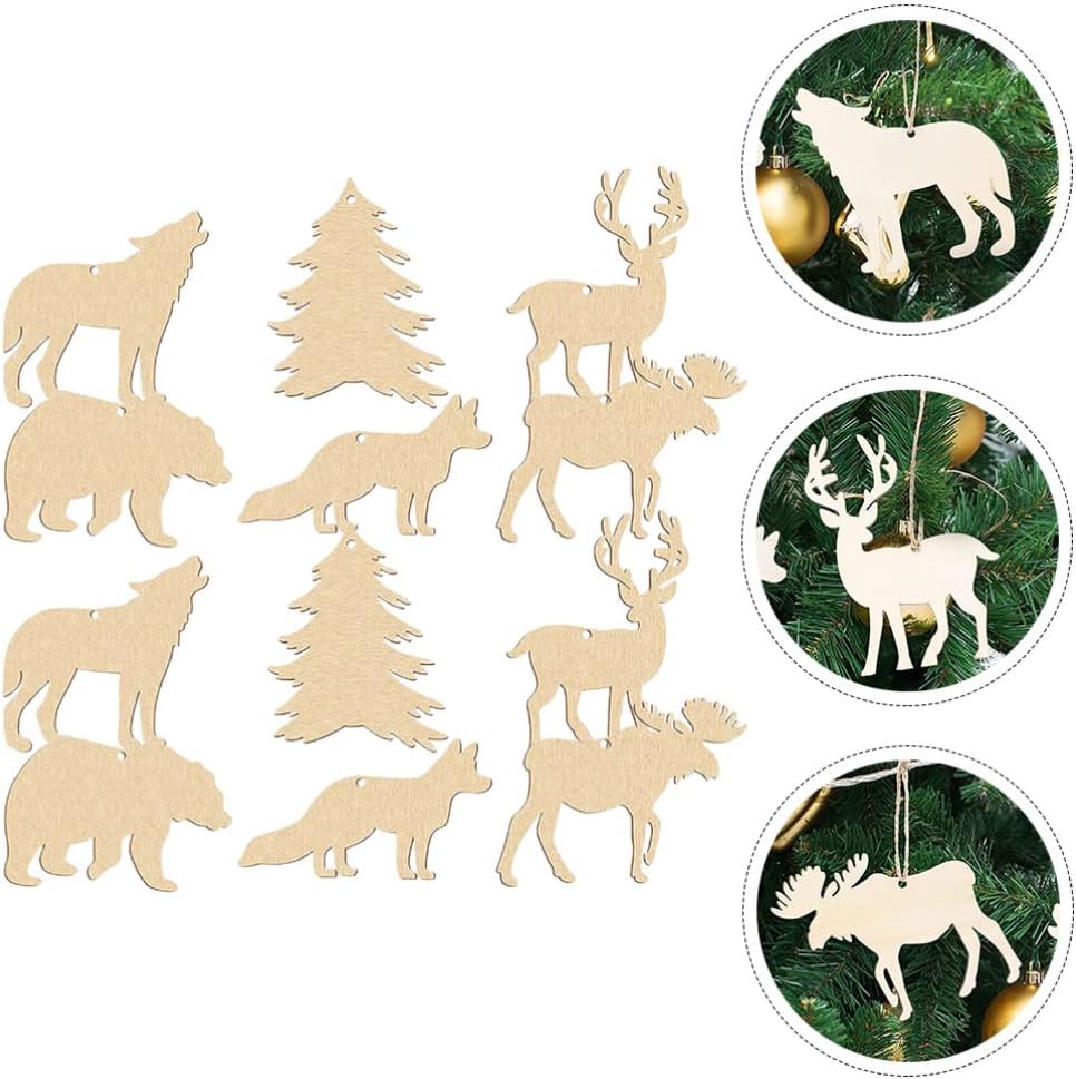 Sewroro 30pcs Unfinished Wooden Cutouts DIY Animal Wood Slices Elk Xmas Tree Fox Wolf Blank Discs Xmas Tree Hanging Ornament Decoration for DIY Crafts Arts Projects