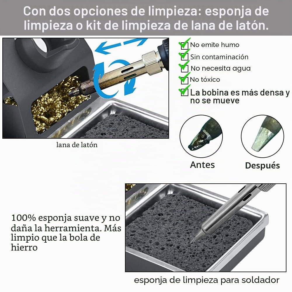 Soporte Soldador Estaño Soporte para Cautín + Limpiador de Latón para Limpiar la Punta de Estaño + Esponja Limpia Soldador + Goma Anti Calórica, Aleación de zinc, Antiestático y Seguro de Usar