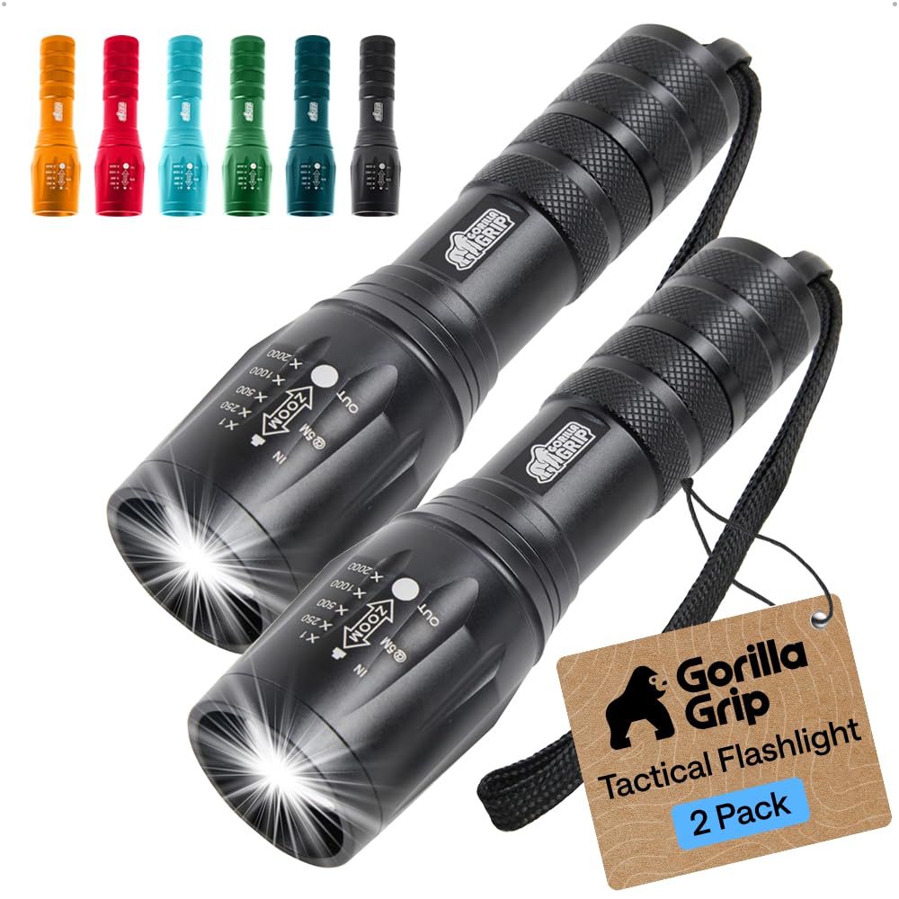GORILLA GRIP Powerful LED Tactical Flashlight, 2 Pack, Black