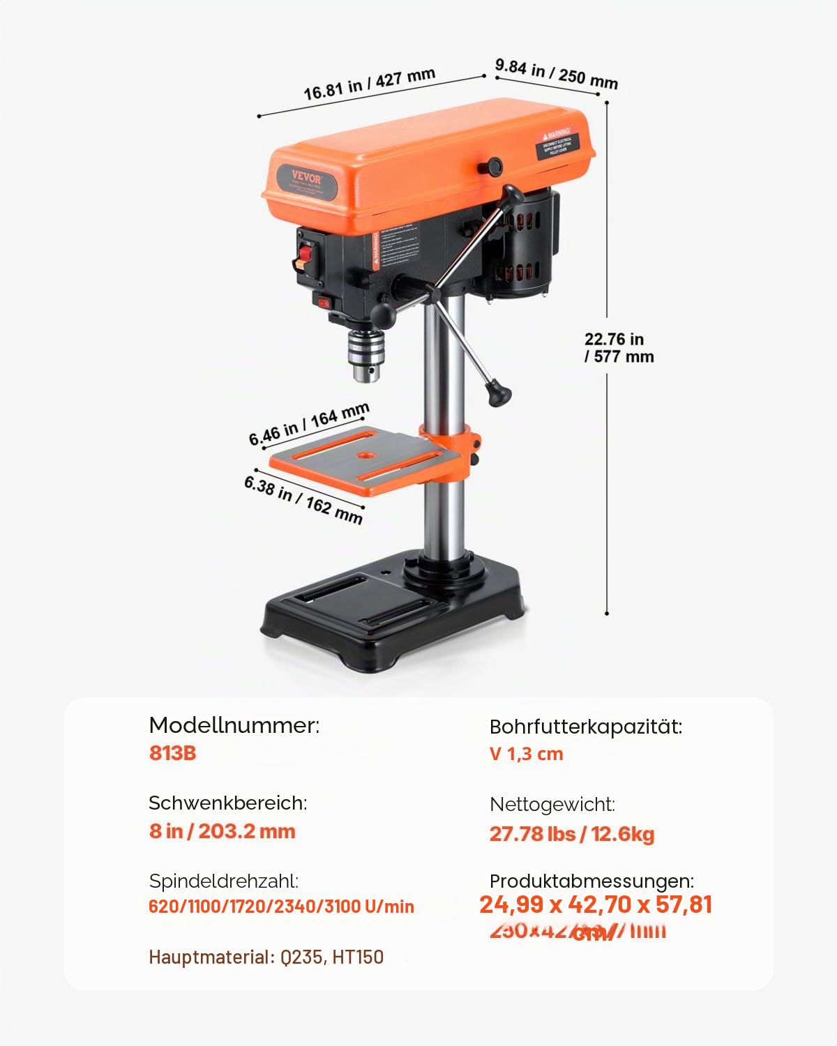 VEVOR 203mm Tischbohrmaschine, 500 W Induktionsmotor, Tischbohrmaschine mit 550/950/1450/1950/2500 U/min einstellbarer Geschwindigkeit, 0-45° neigbarer Arbeitstisch, LED-Arbeitsleuchte, für Holzmetall