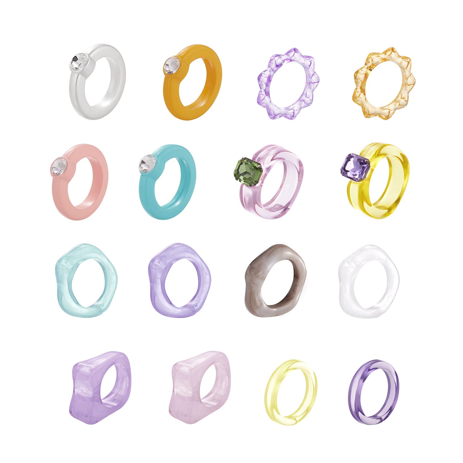 RINHOO FRIENDSHIP6-15Pcs Chunky Rings Resin Acrylic Y2K Style Rings Trendy Plastic Finger Ring Set Colorful Gem Rings Jewelry Pack For Women (16Pcs Mixed 1)