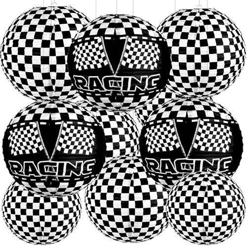 10 PCS Race Car Paper Lanterns 12 in Black and White Checkered Paper Lanterns Racing Car Themed Hanging Round Paper Lanterns for Birthday Wedding Baby Shower Party Supplies