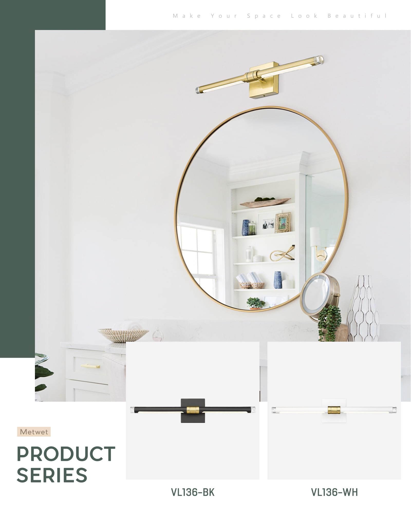 METWET Bathroom Light Fixtures Over Mirror, 24inch Brushed Gold Vanity Light Bar, 4000K 360Â° Rotatable LED Modern Wall Sconces Indoor Wall Lamp for Bathroom Bedroom Hallway, VL136-GD
