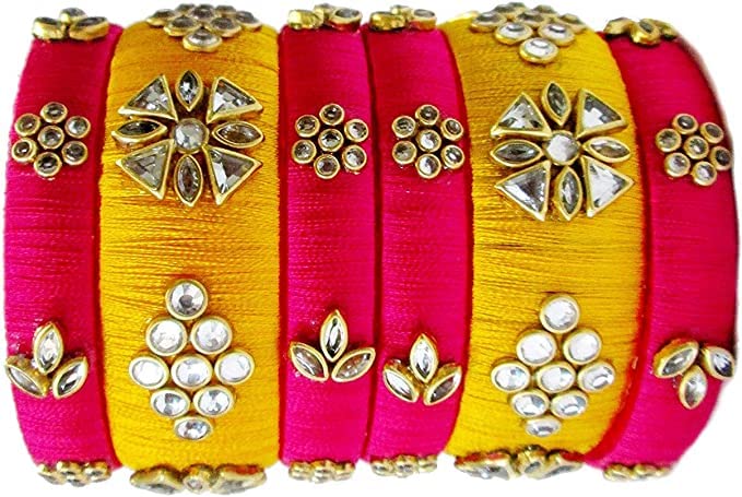Silk Thread Bangles Designer Beautiiful Kundan Bangle Set - Rani Pink and Yellow3