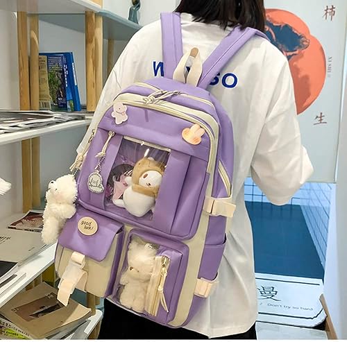 Miniatura 3 de Mochila escolar estética kawaii, juego de 5 piezas con bonitos pines colgantes de oso, mochila pequeña para laptop, kit esencial