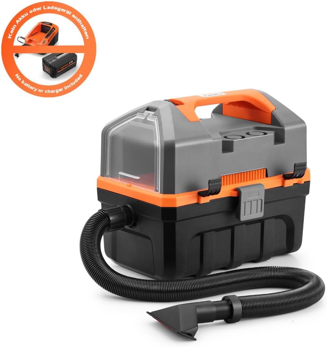Fuxtec FX-E1VC20 cordless wet/dry vacuum cleaner, illustrating that battery and charger are not included.