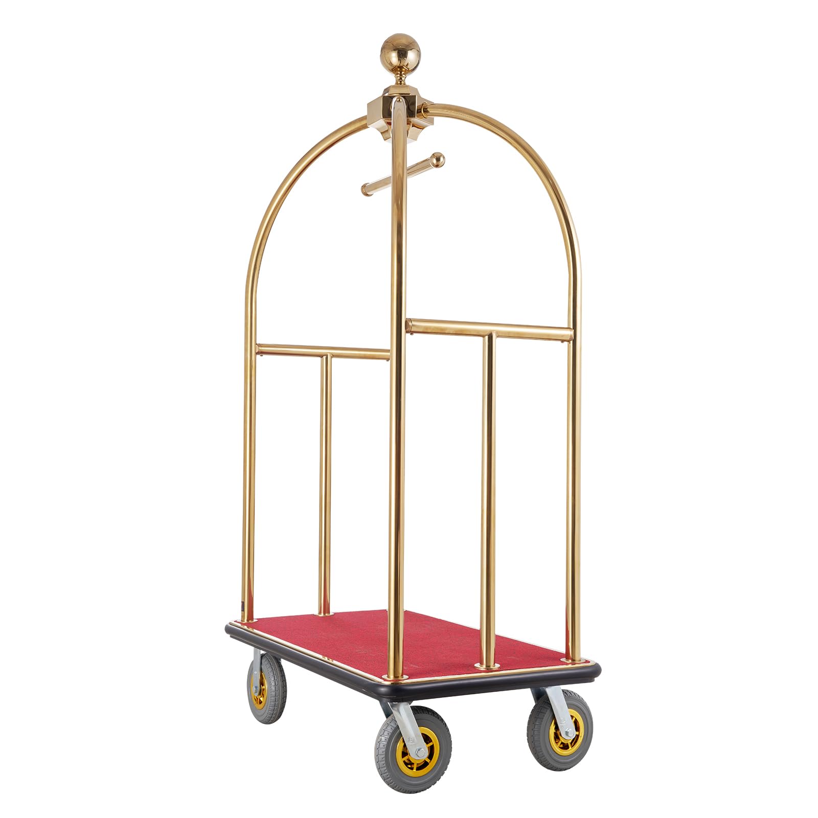 VEVOR Carrello Portavaligie per Hotel, Carico 680 kg Carrello Trasporto Portavaligie in Acciaio Inox Spazzolato con Montanti Curvi, Ponte in Moquette Rossa, Ruote in Gomma 203,2 mm per Hotel Condomini