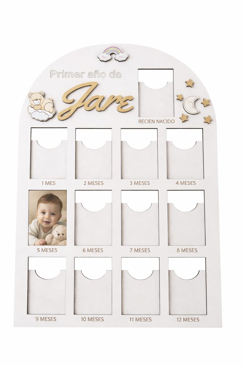 Genérico Cuadro Primer Año Bebé Personalizado con Nombre - Marco de Fotos de Madera Recién Nacido - Regalo Bautizo Original, Nacimiento y Baby Shower - Recuerdos 12 Meses Hecho a Mano