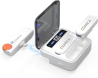 ميكروفون فيمو اس مي لافالير لاسلكي لموبايل ايفون معتمد من ابل بخاصية الغاء الضوضاء بطارية 15 ساعة نقل 200 متر مزدوج لطية صدر السترة لتسجيل فيديو وبث مباشر لايفون كوميكا (لون أبيض)، أحادى.