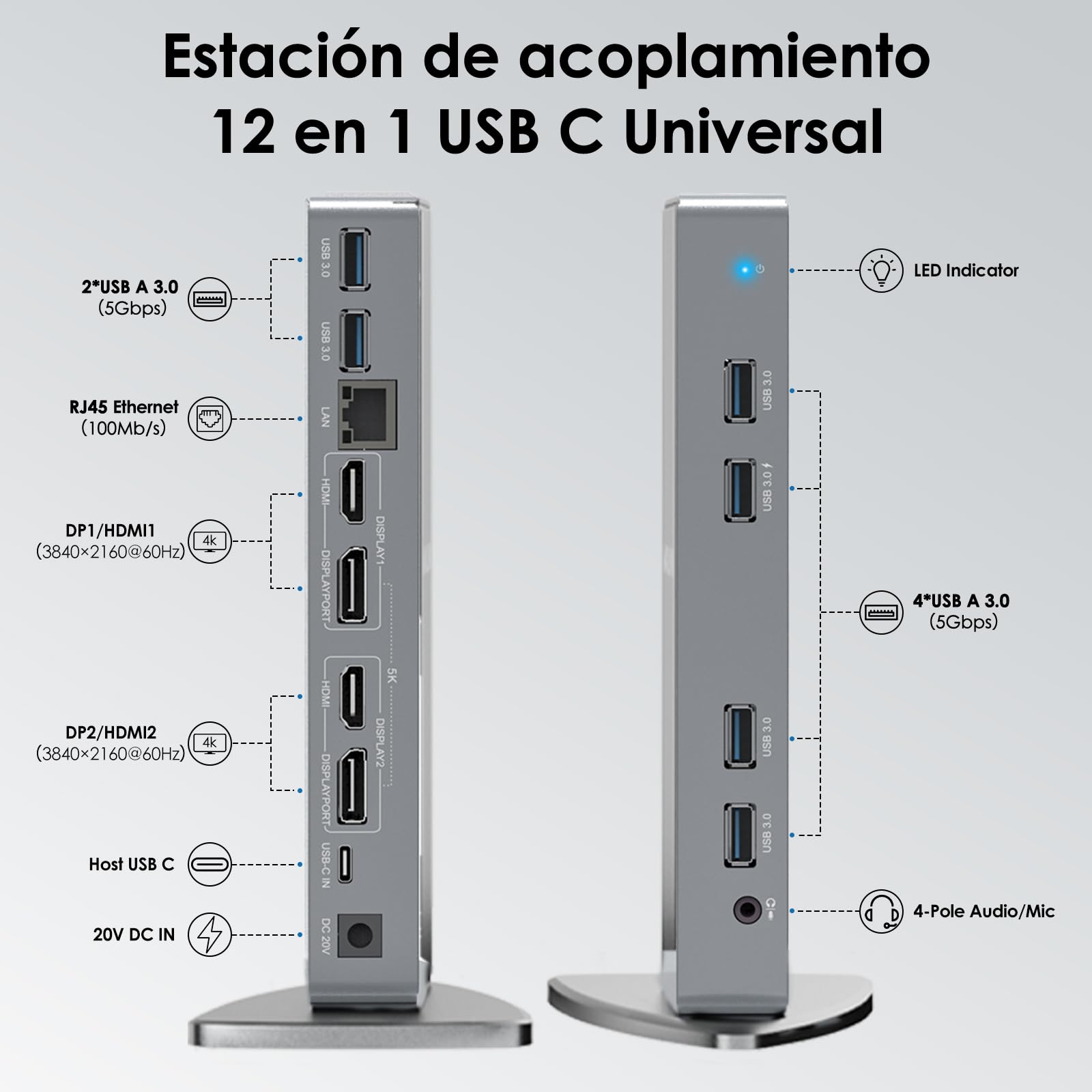 WAVLINK Estación de Acoplamiento Displaylink USB-C Universal con 2 Puertos HDMI y DP, Gigabit Ethernet, 6 Puertos USB 3.0, Audio, micrófono, Compatible con Mac OS y Windows