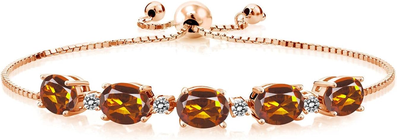 Gem Stone King 5.76 Ct Orange Red Madeira Citrine White Diamond 18K Rose Gold Plated Silver Bracelet For Women