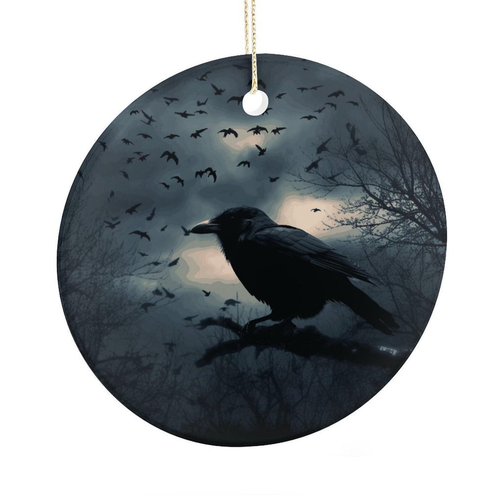 Fekiloot Style Night Crow Christmas Ornaments 2.9 Inch Round Ceramic Ornament Keepsake Thank You Gifts For Office, Room, Home - Holiday Present Ideas