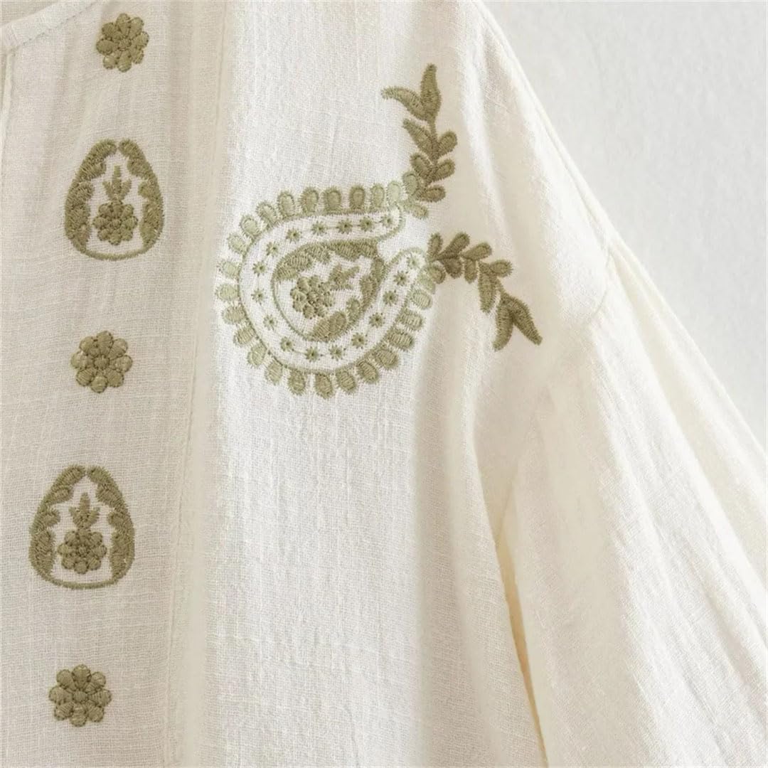 Camicia estiva da donna con scollo a V, maniche a lanterna, ampia, con fiori ricamati, in cotone
