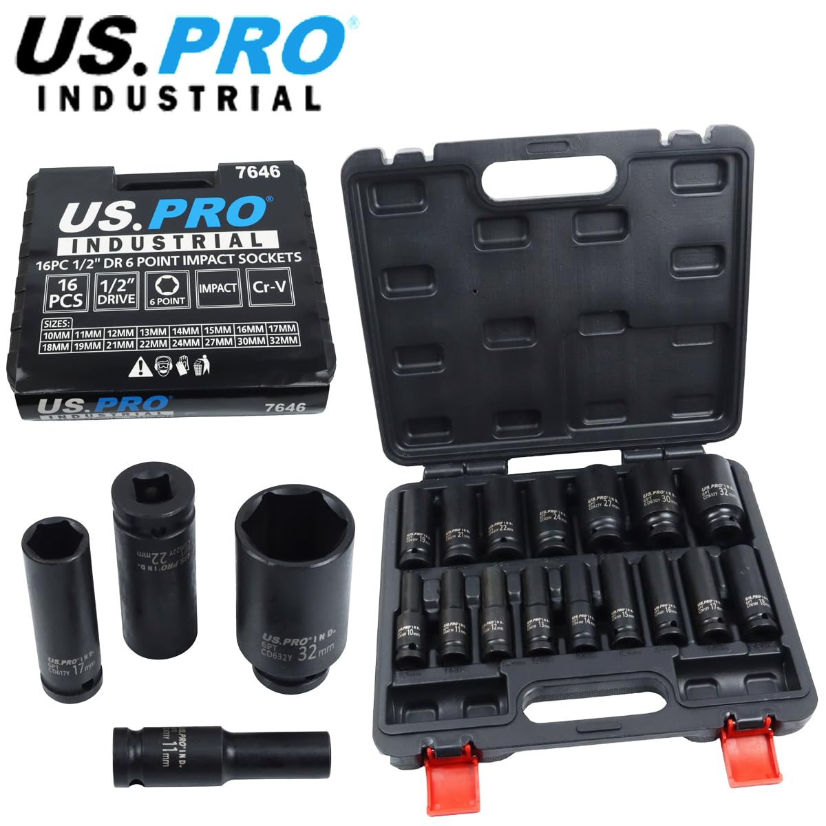US PRO Juego de 16 llaves de vaso de impacto profundo de 6 puntos, estilo europeo, 10-32 mm
