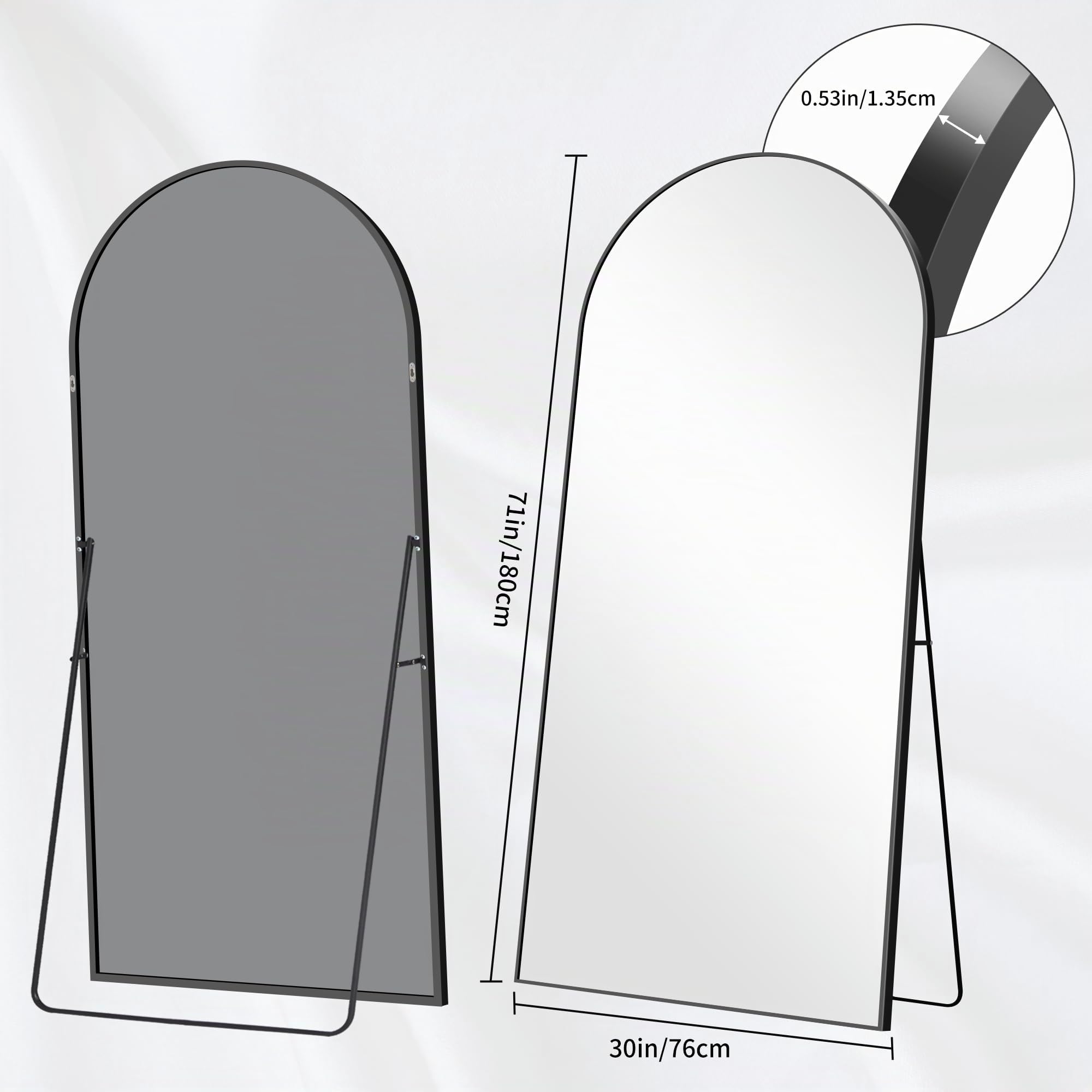 BONEWEI Ganzkörperspiegel 179x65cm, Bogen Standspiegel Ganzkörperspiegel mit Schwarzer Aluminiumrahmen, Groß Gewölbter Wandspiegel zum Stehen, Anlehnen oder Hängen für Wohnzimmer Schlafzimmer Flur