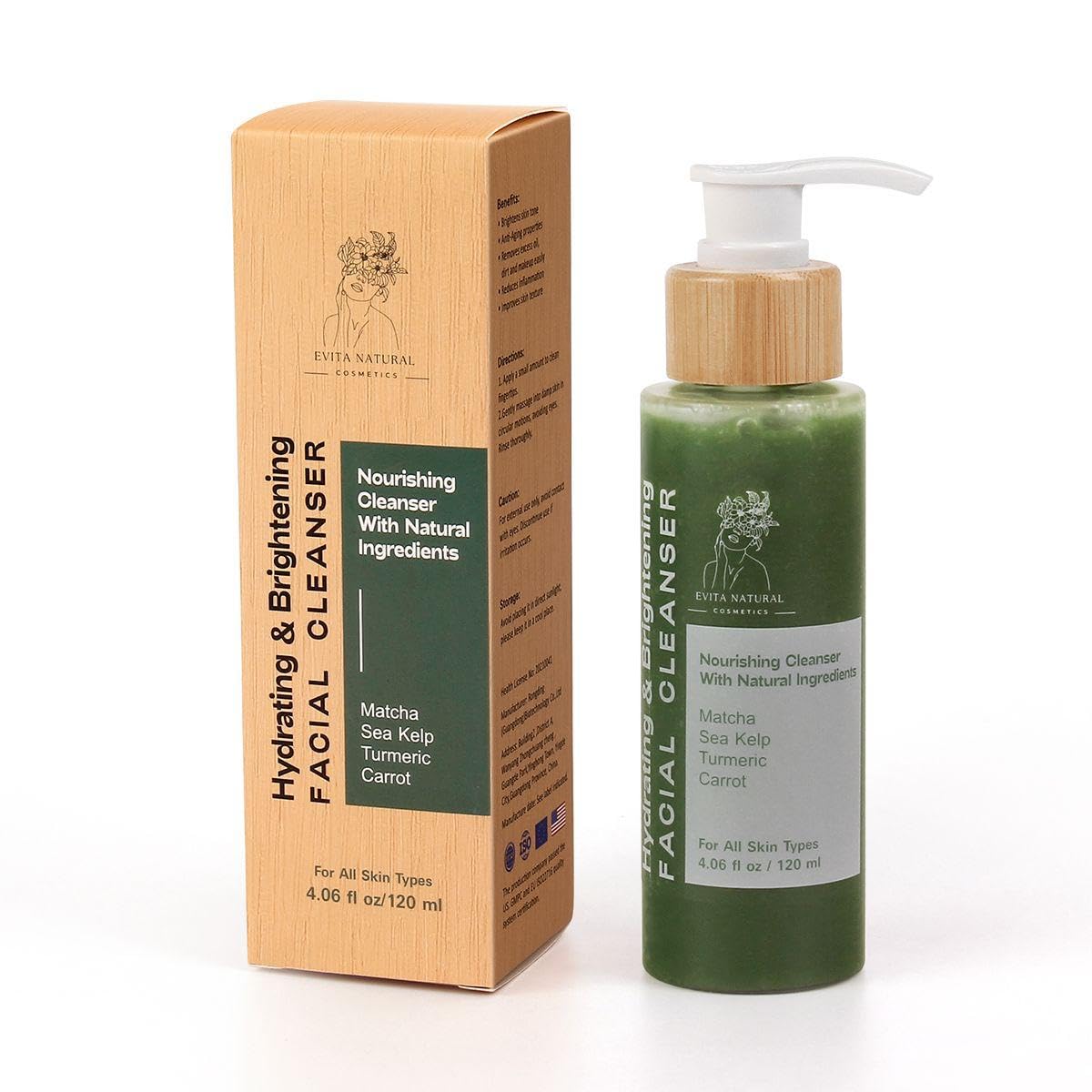 Hydrating Face Wash with Matcha & Sea Kelp — Gentle Daily Facial Cleanser | Brightening Nourishing Formula with Turmeric & Carrot Extract | 4.06 fl oz