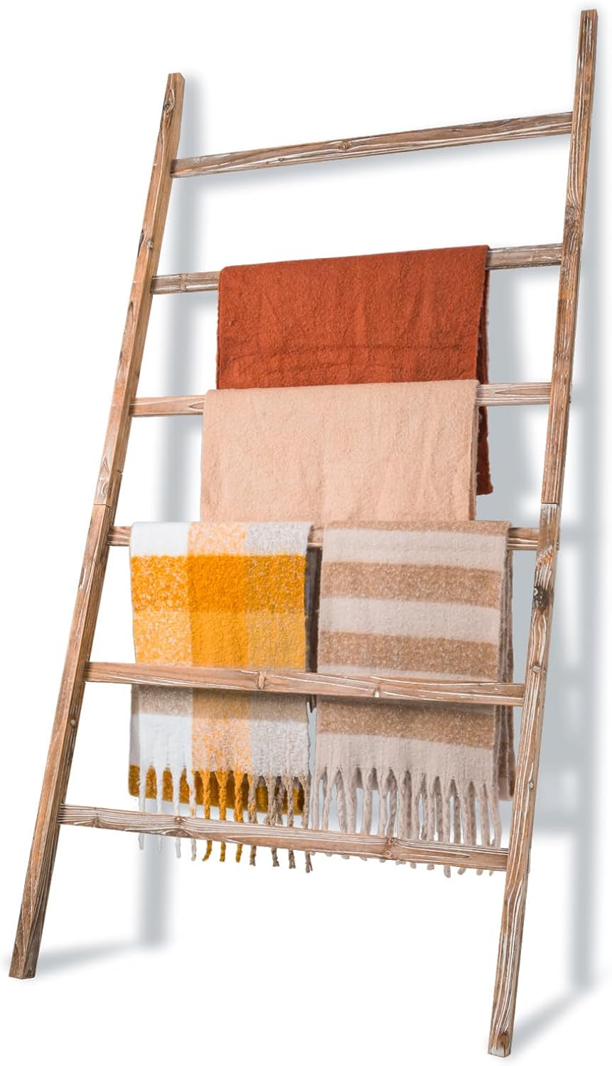 Blanket Ladder Shelf 6.4FT, 38 inch Wide Solid Wooden Blanket Ladder for Living Room, 6-Layer Farmhouse Rustic Towel Rack for Living Room Bathroom