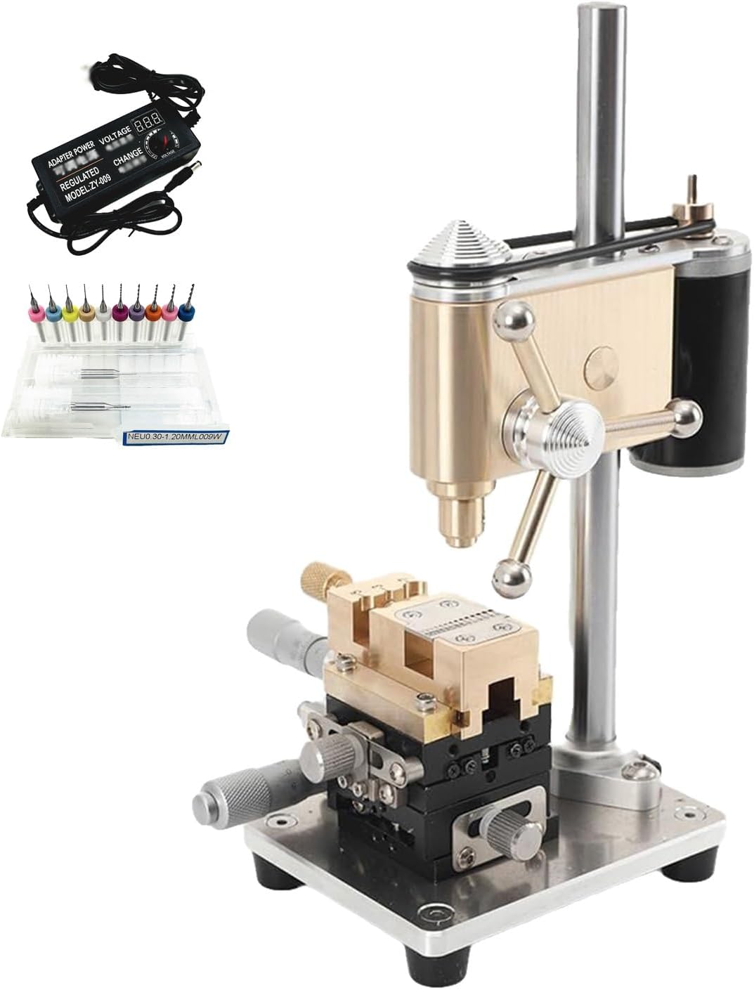 Watchmaker precision bench drill, multi-function precision variable speed bench drill, voltage digital display, voltage adjustable, mini drill press for watch repair