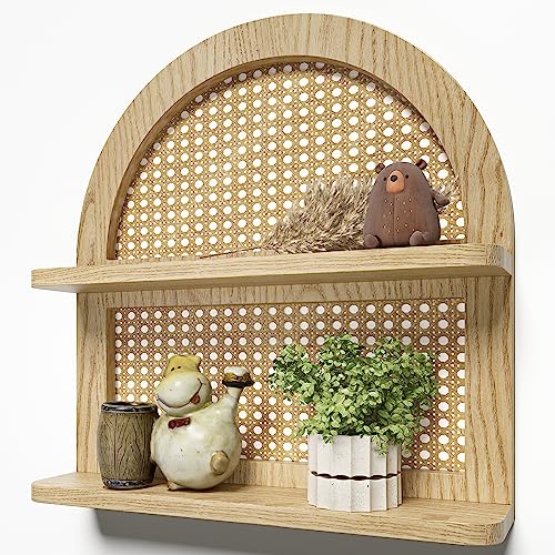 LUDORU Wood Boho Rattan Wall Shelf - 2-Tier Arched Wicker
