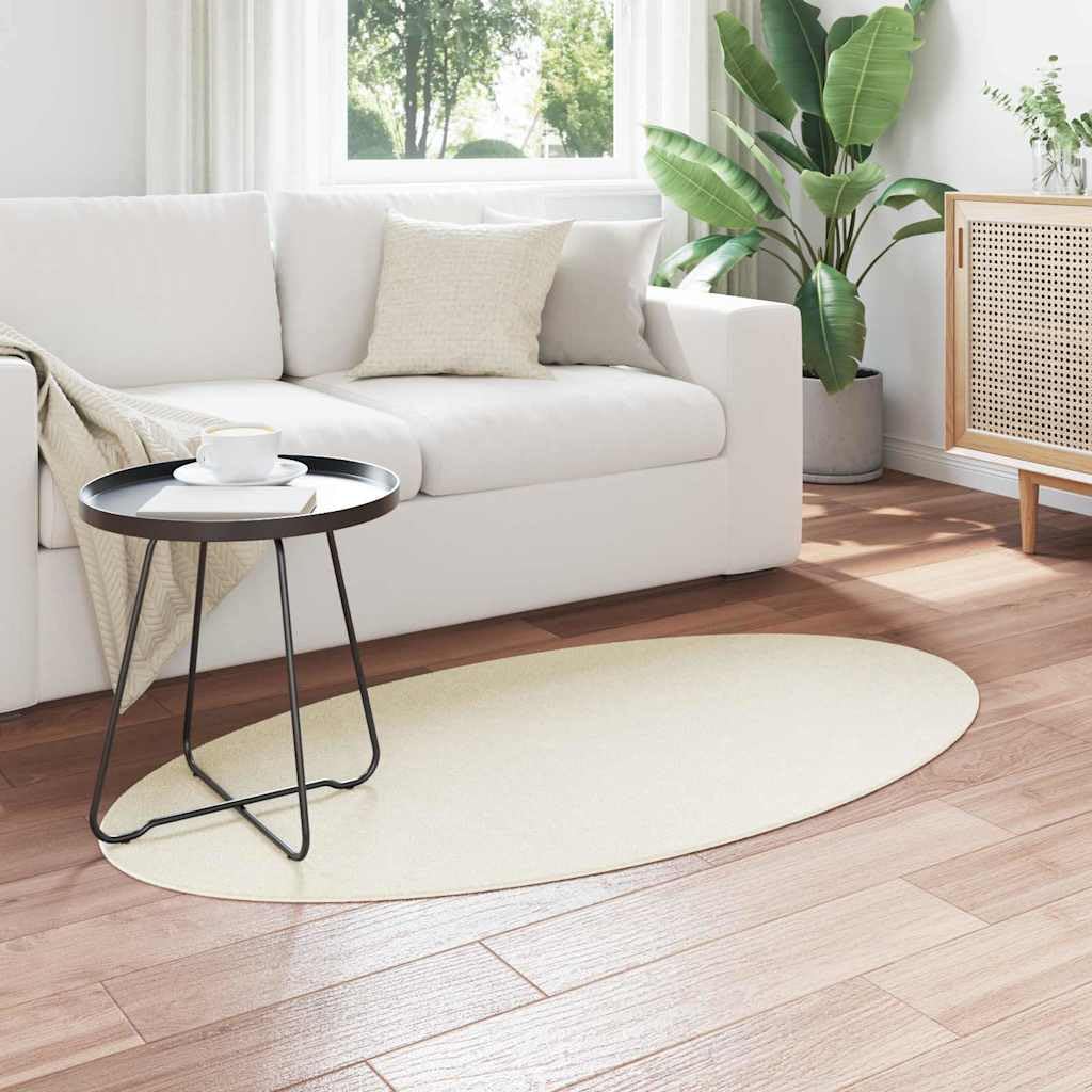 HUARTE Tapis ovale 80 x 150 cm - Tapis antidérapant pour salon et couloir - Tapis facile d'entretien en 100 % polyester - Lavable en machine - Design moderne - Crème