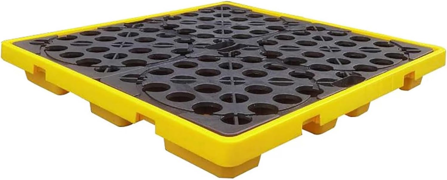 Modular Spill Containment Platform with Grating, Stackable Yellow & Black Spill Pallet (1300x1300x160mm) for Oil, Chemical, and Hazardous Material Spill Control