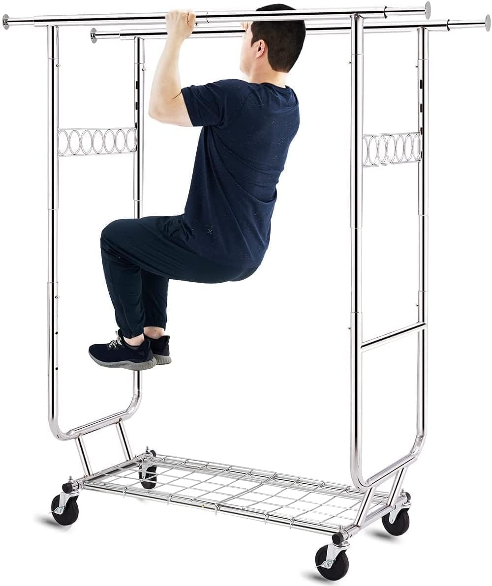 HOKEEPER Appendiabiti da Terra Resistente a Doppia Barra con Ruote, 295kg, con Ripiano Inferiore, Estensibile - Ideale per Camera da Letto, Boutique, Lavanderia, Argento