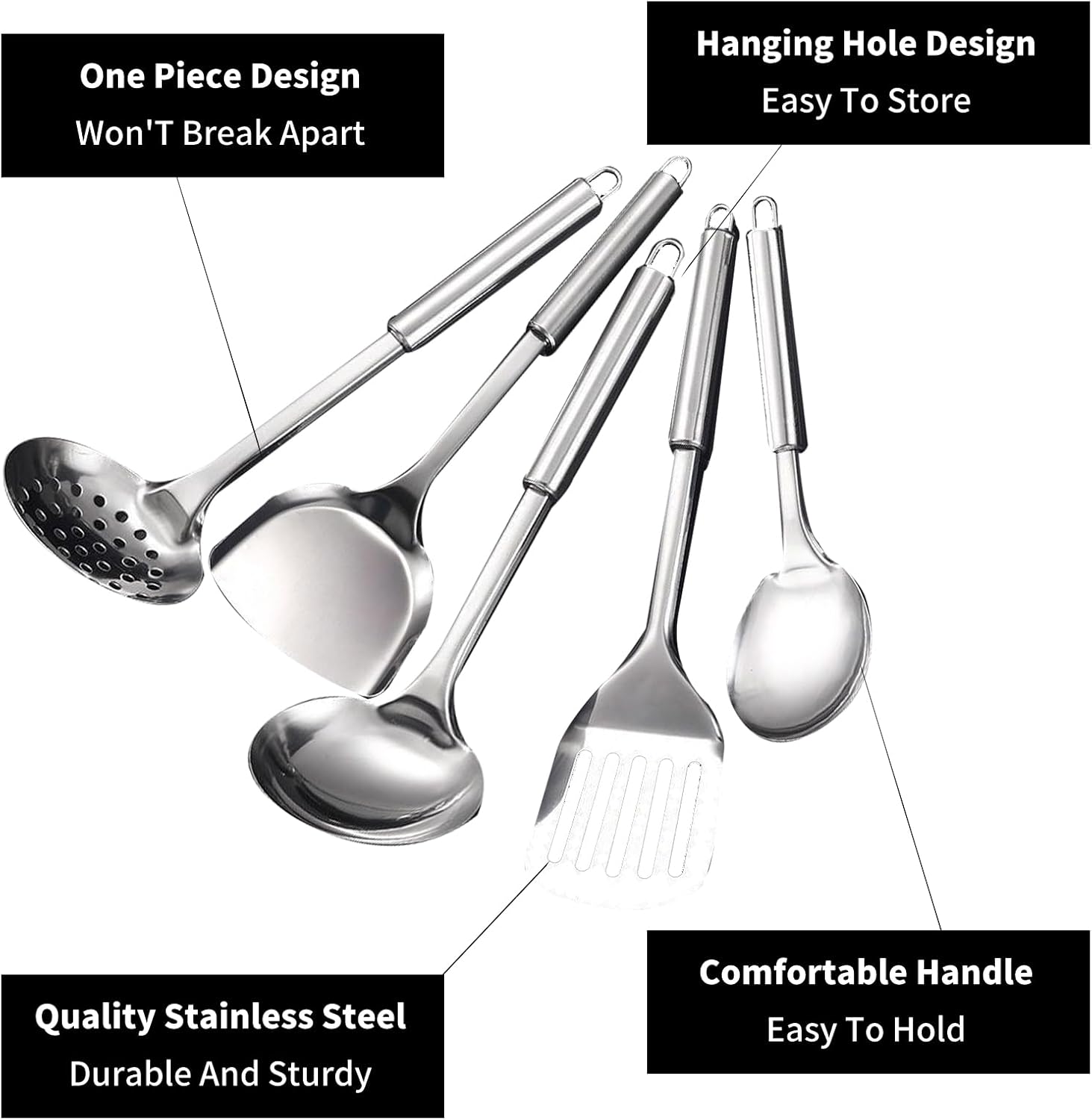 Stainless Steel Cooking Utensils Set, 5 Pcs Stainless Steel Kitchen Utensils Set, Wok Utensils Set Include Wok Ladle, Slotted Spoon, Soup, Wok Spatula and Slotted Spatula Stainless Steel Cooking Utensils Set, 5 Pcs Stainless Steel Kitchen Utensils Set, Wok Utensils Set Include Wok Ladle, Slotted Spoon, Soup, Wok Spatula and Slotted Spatula