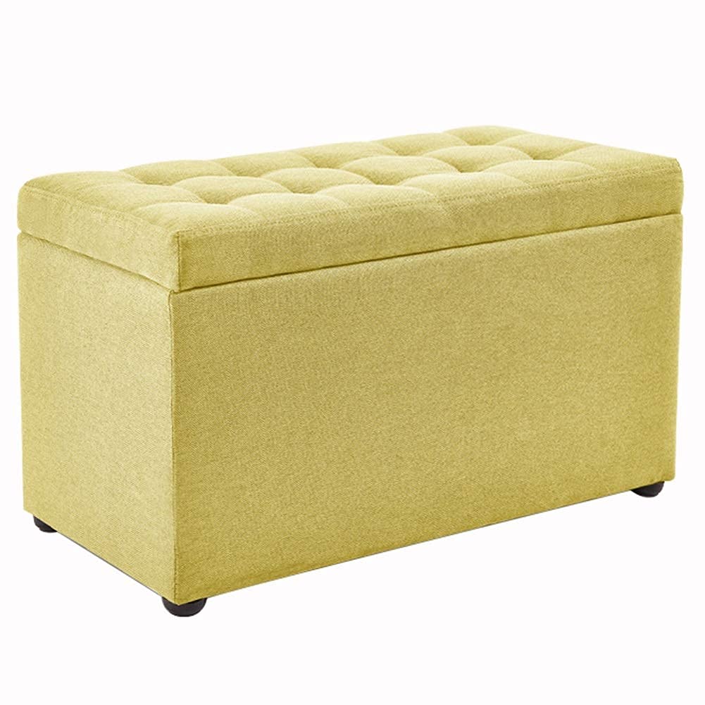 Pouf et repose-pieds grand rangement en tissu coton lin jaune avec cadre en bois