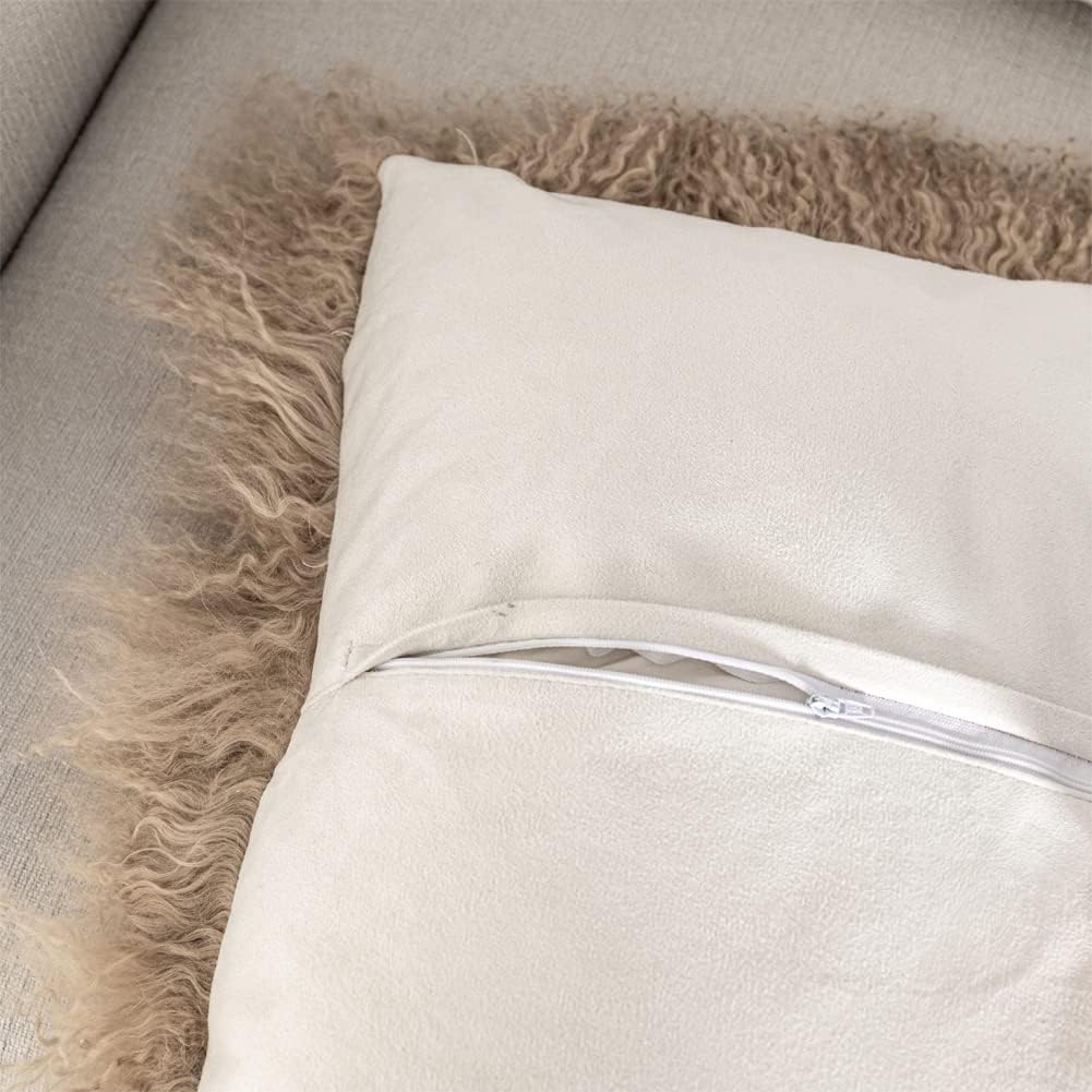 Seek4comfortable Mongolian Tibetan Lamb Fur Wool Rectangular Throw Pillow Cushion，Khaki - 12" x 20"