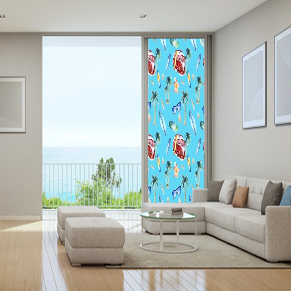 Brebasf Retro Summer Ocean Beach Privacy Blackout Window Film Watercolor Coconut Tree Surfboard Camper Theme Reusable Self Adhesive Insulated Window Stickers-23.6W x35.4L in x1 Pcs