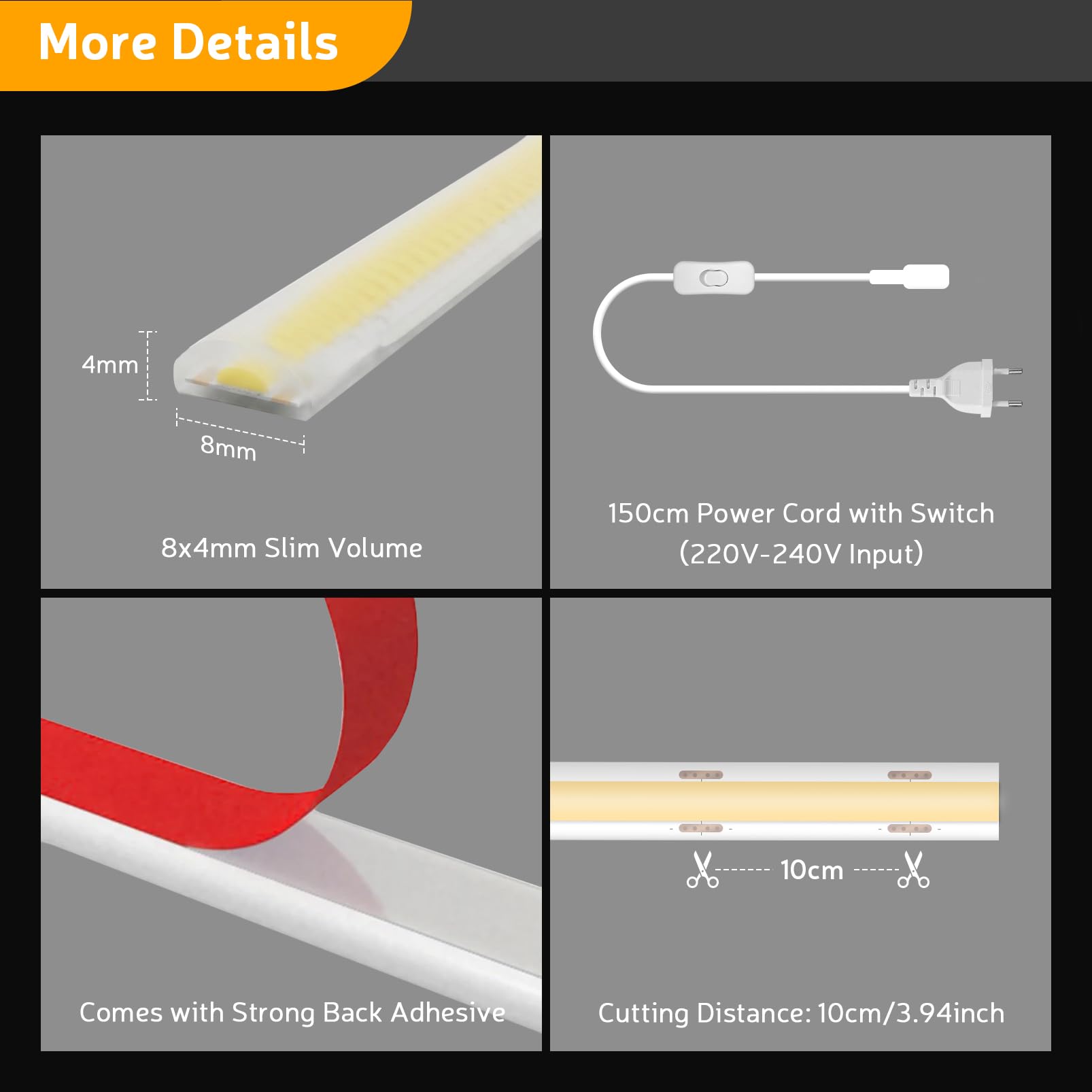 YOODI Tira LED COB 220V 10M Blanco Frío 6000K Exterior Impermeable IP65 | Tiras de LED Adhesiva 320LEDs/M Luces LEDs Flexible Recortable Con Interruptor y Enchufe para Jardín, Dormitorio y Piscina