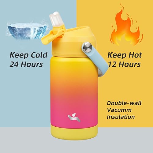 Miniatura 3 de Botella de agua aislada con tapa de pajilla, botella de metal al vacío de acero inoxidable de 12 onzas con mango de silicona, arcoíris