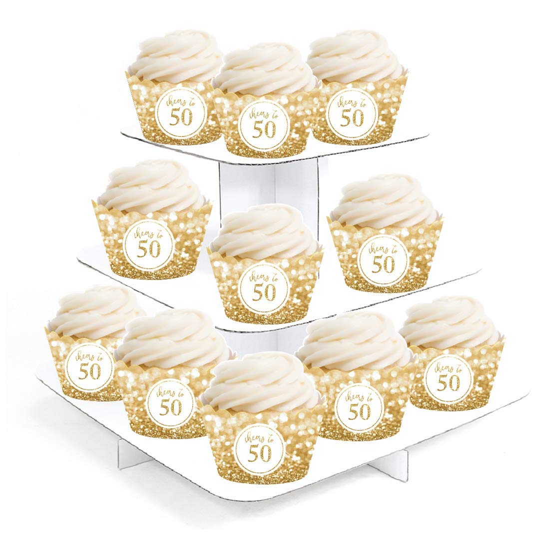 Andaz Press Glitzy Faux Gold Glitter Cupcake Wrapper Decorations, Cheers to 50 Years, 50th Birthday or Anniversary, 24-Pack, Not Real Glitter