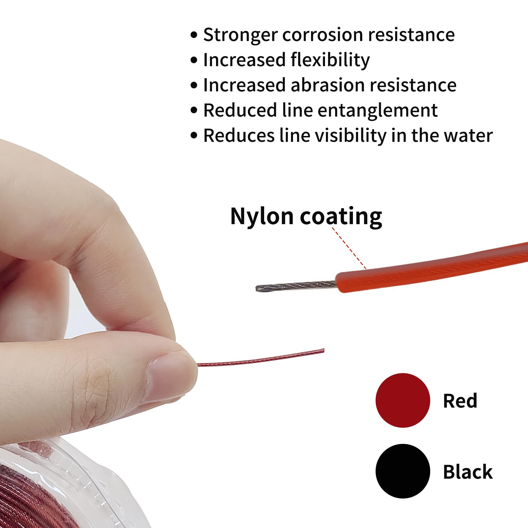 Eupheng Alambre líder de acero inoxidable recubierto de nailon de 1 x 7 y 7 x 7, línea líder de alambre de pesca para agua salada, prueba de 20 libras a 135 libras en negro, rojo en 30 pies, 100 pies