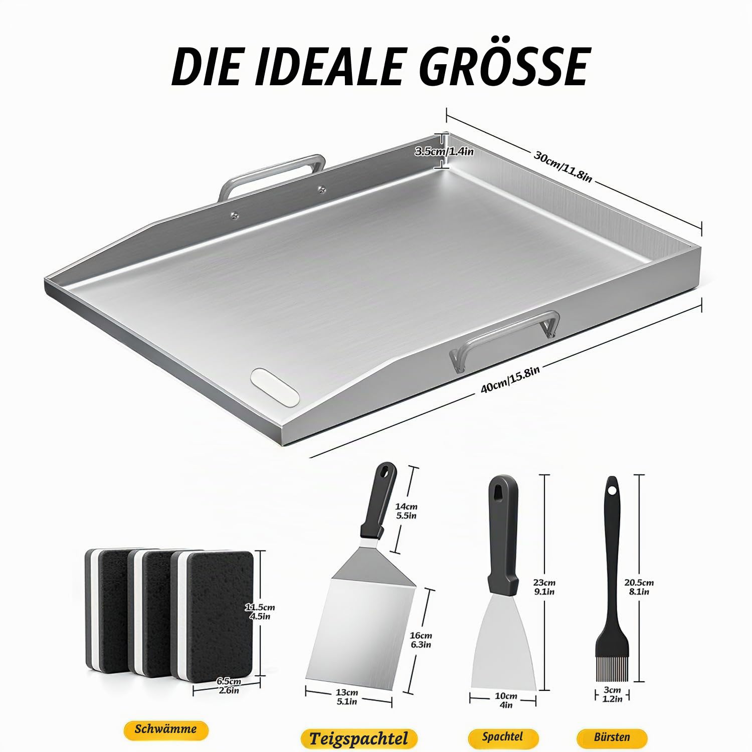 devesanter Grillplatte 40x30cm aus Edelstahl mit Grillspachtel Set | Robuste 304 Edelstahlplatte mit Ölablaufrille. Ideal für Feuerstelle, Grill, Ofen und Herd, inklusive praktischem Zubehör.