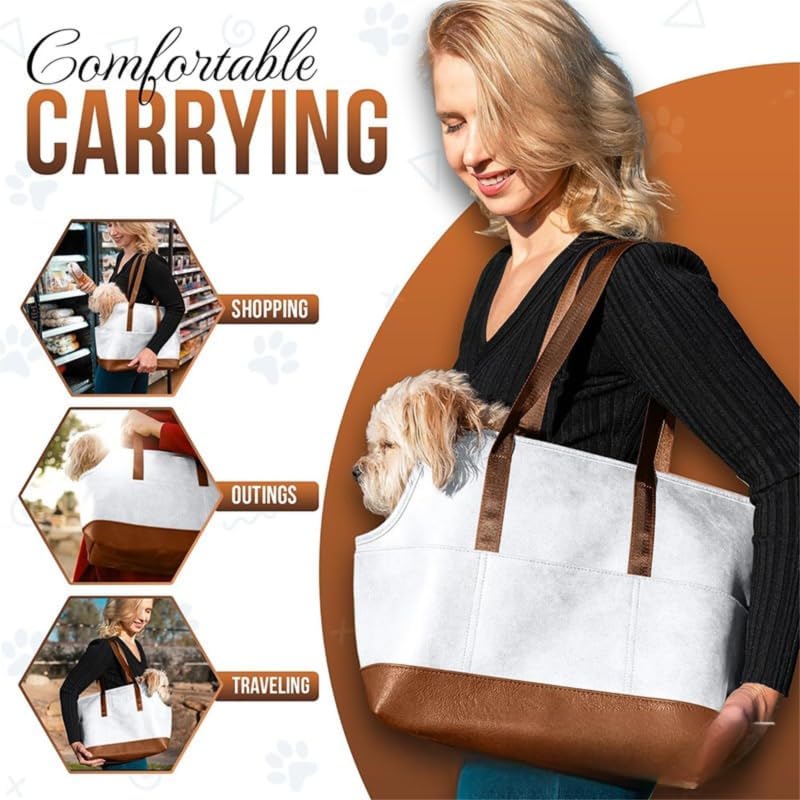 Premium Pet Carrier Tote Bag with Multiple Pockets, Brown/White PU Leather, 18.5L x 7W x 11.5H inches (White)